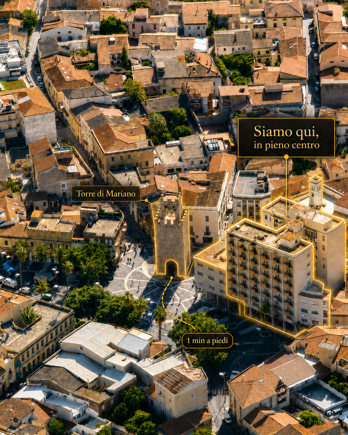 Vista dall'alto della posizione di New Elegance Suites nel centro di Oristano